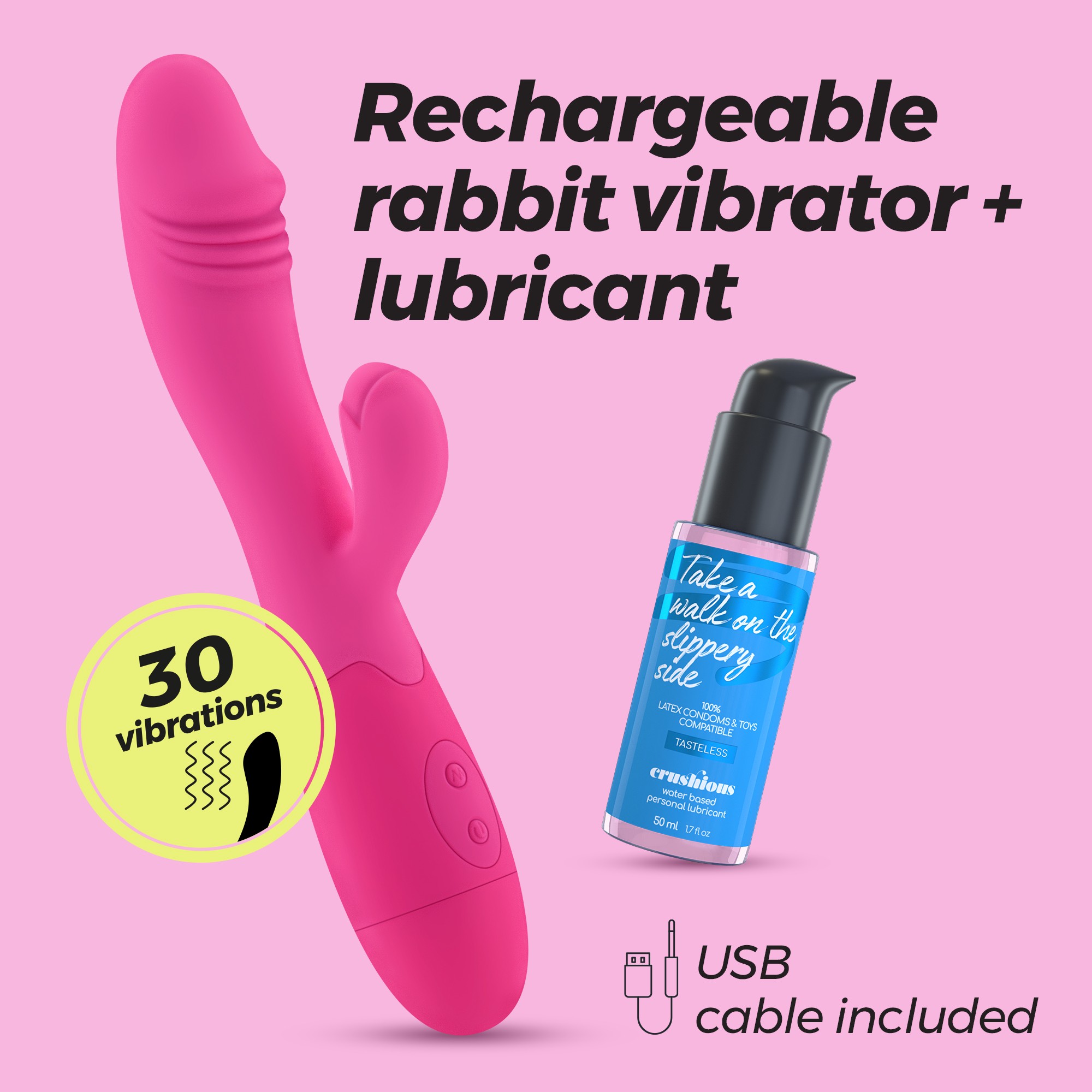 VIBROMASSEUR RABBIT RECHARGEABLE BLOSSOMS ROSE VIF ET LUBRIFIANT À BASE D’EAU INCLUS CRUSHIOUS