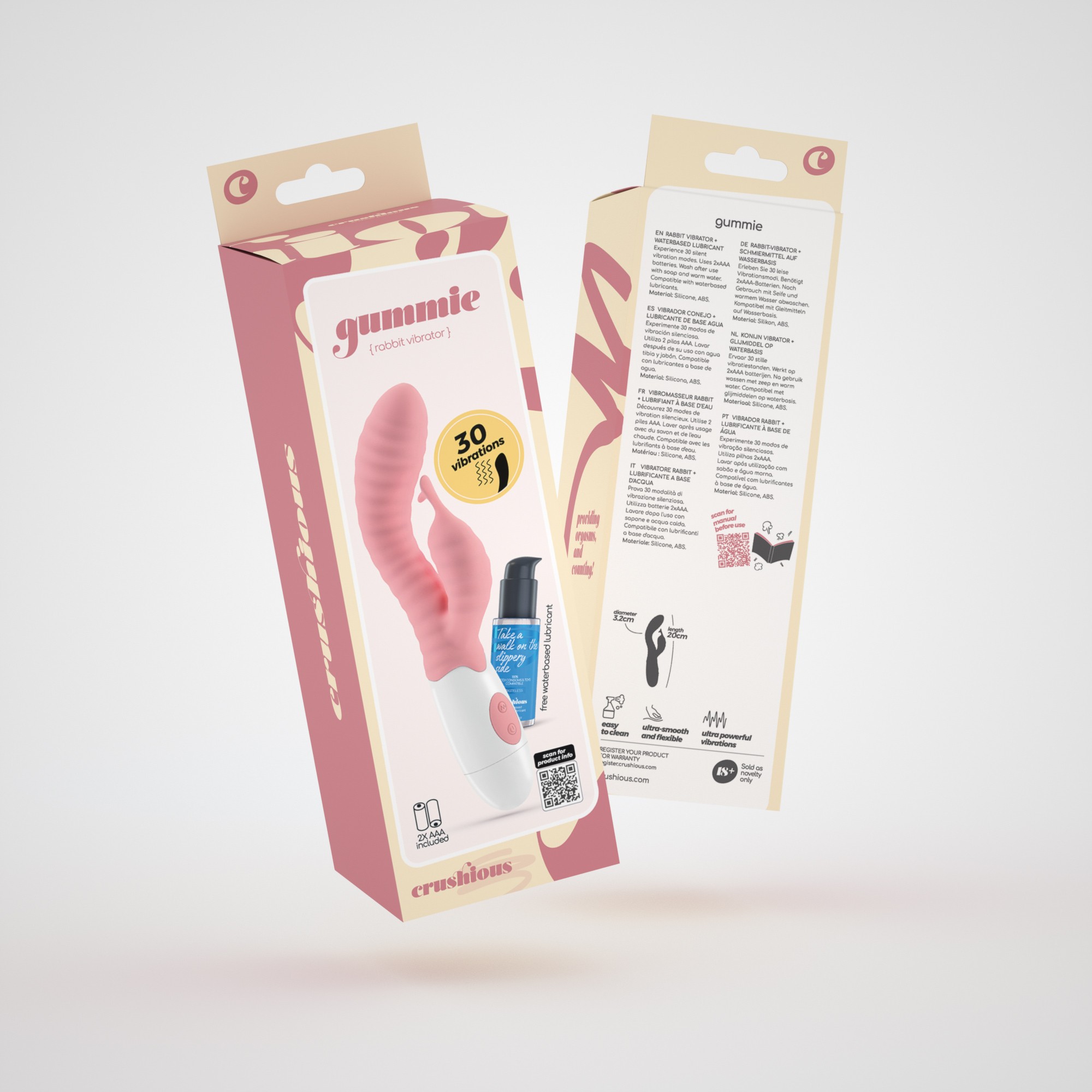 VIBRATORE CON STIMOLATORE CLITORIDE ROSA GUMMIE E LUBRIFICANTE A BASE D&#039;ACQUA INCLUSO CRUSHIOUS