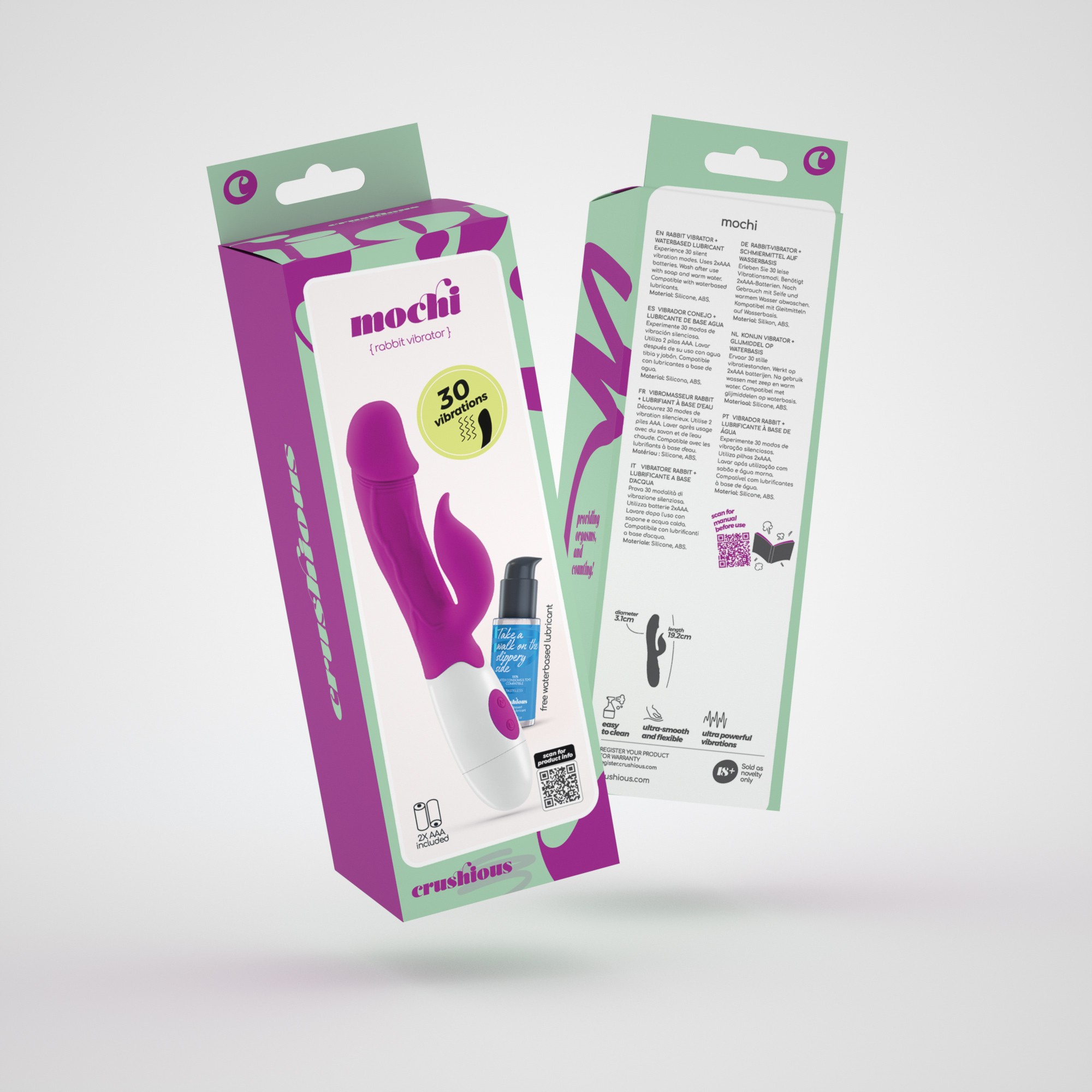 VIBRADOR COM ESTIMULADOR DE CLITÓRIS MOCHI ROXO E LUBRIFICANTE À BASE DE ÁGUA INCLUÍDO CRUSHIOUS